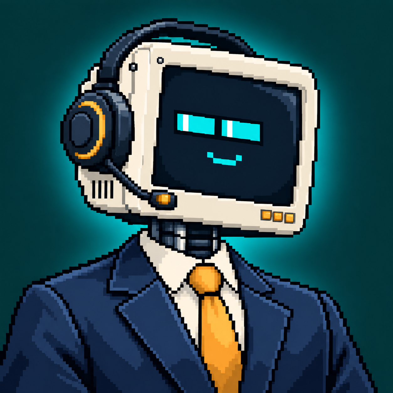 CRT-headed broker in a navy suit, amber tie and headset